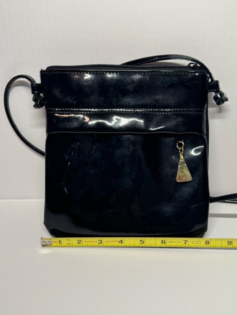 Bechamel Black Patent Leather Crossbody Bag Minimalist Glossy Shoulder Purse - Picture 9 of 11